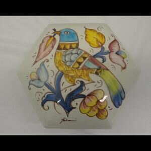 Rare Gubbio Italy CAFF Signed Hexagon Shaped Bowl W Lid Bird Floral 8.5" x 7.5"